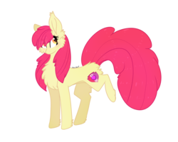 Size: 2500x2000 | Tagged: safe, artist:krissstudios, apple bloom, earth pony, pony, g4, alternate hairstyle, big tail, cheek fluff, chest fluff, cutie mark, ear fluff, female, filly, fluffy, hair over one eye, high res, looking back, missing accessory, raised leg, simple background, solo, transparent background