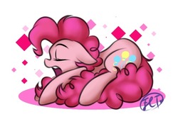 Size: 658x441 | Tagged: safe, artist:tylerdashart, pinkie pie, earth pony, pony, g4, abstract background, cute, diapinkes, eyes closed, female, floppy ears, mare, open mouth, signature, sleeping, solo