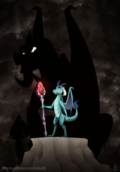 Size: 900x1284 | Tagged: safe, artist:inuhoshi-to-darkpen, dragon lord torch, princess ember, dragon, g4, bloodstone scepter, dragon lord ember, dragoness, female, male, patreon, silhouette, solo focus