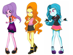 Size: 1024x768 | Tagged: safe, artist:2-lettdodd, adagio dazzle, aria blaze, sonata dusk, equestria girls, g4, my little pony equestria girls: rainbow rocks, alternate clothes, alternate hairstyle, boots, clothes, compression shorts, female, high heel boots, high heels, looking at you, loose hair, miniskirt, shoes, shorts, shrug, simple background, skirt, smiling, the dazzlings, trio, trio female, white background