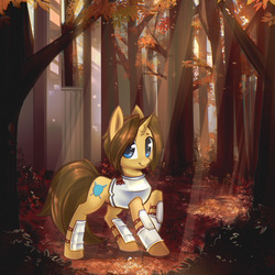 Size: 3617x3617 | Tagged: safe, artist:mirroredsea, oc, oc only, oc:valiant shield, pony, unicorn, g4, armor, crepuscular rays, forest, high res, looking at you, male, solo, stallion, sunlight