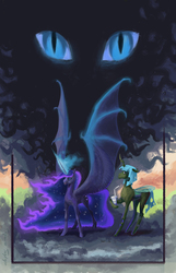 Size: 800x1245 | Tagged: safe, artist:adeptus-monitus, nightmare moon, queen chrysalis, alicorn, bat pony, bat pony alicorn, changeling, changeling queen, pony, g4, alternate hairstyle, bat wings, duo, ethereal mane, female, horn, hybrid wings, large wings, long horn, mare, slit pupils, spread wings, transformation, wings