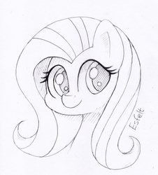 Size: 2308x2552 | Tagged: safe, artist:esfelt, fluttershy, pegasus, pony, g4, bust, female, high res, looking at you, mare, monochrome, pencil drawing, simple background, sketch, smiling, solo, traditional art, white background