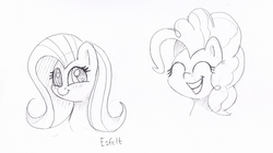 Size: 2981x1665 | Tagged: safe, artist:esfelt, fluttershy, pinkie pie, earth pony, pegasus, pony, g4, blushing, bust, duo, eyes closed, female, looking at you, mare, monochrome, pencil drawing, simple background, sketch, smiling, traditional art, white background