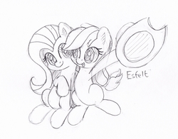 Size: 2005x1573 | Tagged: safe, artist:esfelt, applejack, fluttershy, earth pony, pegasus, pony, g4, applejack's hat, cowboy hat, duo, female, hat, hug, looking at each other, mare, monochrome, open mouth, pencil drawing, simple background, sitting, sketch, smiling, traditional art, white background