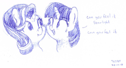 Size: 1819x988 | Tagged: safe, artist:aemuhn, starlight glimmer, twilight sparkle, alicorn, pony, unicorn, g4, :t, ballpoint pen, cheek squish, duo, female, looking at you, mare, monochrome, open mouth, pen drawing, question, simple background, sketch, smiling, squishy cheeks, traditional art, twilight sparkle (alicorn), white background