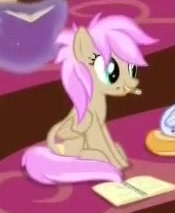 Size: 175x213 | Tagged: safe, screencap, strawberry scoop, summer meadow, pegasus, pony, g4, what lies beneath, animation error, background pony, cropped, female, friendship student, mare, mouth hold, race swap, sitting, solo focus, summercorn