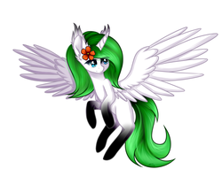 Size: 3252x2605 | Tagged: source needed, safe, artist:tisha, oc, oc only, oc:princess margarita, alicorn, pony, alicorn oc, female, flower, flower in hair, gradient hooves, high res, simple background, solo, spread wings, white background, wings