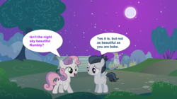 Size: 1259x707 | Tagged: safe, artist:jawsandgumballfan24, rumble, sweetie belle, pegasus, pony, unicorn, g4, bench, colt, dialogue, female, filly, foal, male, moon, park, ponyville, ship:rumbelle, shipping, speech bubble, stars, straight, tree