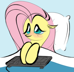 Size: 978x959 | Tagged: safe, artist:hattsy, fluttershy, pegasus, pony, g4, bed, bedsheets, cute, female, floppy ears, keyboard, lidded eyes, mare, pillow, raised hoof, red nosed, shyabetes, sick, solo