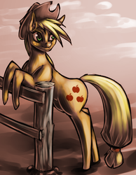 Size: 600x774 | Tagged: safe, artist:countaile, applejack, earth pony, pony, g4, female, fence, hat, looking back, mare, solo