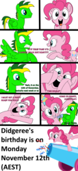 Size: 1000x2202 | Tagged: safe, artist:didgereethebrony, oc, oc:didgeree, pony, birthday, comic, confetti, excited, hat, party cannon, party hat, party horn, squishy cheeks, upcoming birthday