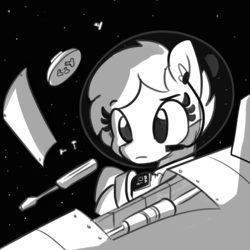 Size: 1280x1280 | Tagged: safe, artist:tjpones, oc, oc only, pony, astronaut, ear fluff, female, floating, frown, grayscale, headset, mare, monochrome, screwdriver, solo, space, spacesuit