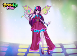 Size: 750x550 | Tagged: safe, artist:user15432, twilight sparkle, alicorn, fairy, equestria girls, g4, bare shoulders, clothes, crossover, dress, dress up who, dressup, dressup game, dressupwho, fairy wings, fairyized, high heels, jewelry, magic wand, necklace, rainbow s.r.l, seashell, shoes, solo, strapless, twilight sparkle (alicorn), wings, winx club, winxified