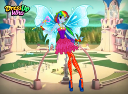 Size: 750x550 | Tagged: safe, artist:user15432, rainbow dash, fairy, equestria girls, g4, bracelet, clothes, crossover, dress, dress up who, dressup, dressup game, dressupwho, fairy wings, fairyized, gloves, high heels, jewelry, leggings, magic wand, necklace, rainbow hair, rainbow s.r.l, shoes, solo, wings, winx club, winxified