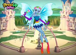 Size: 750x550 | Tagged: safe, artist:user15432, trixie, fairy, equestria girls, g4, bare shoulders, blue dress, clothes, crossover, dress, dress up who, dressup, dressup game, dressupwho, fairy wings, fairyized, gloves, headband, high heels, jewelry, magic wand, necklace, rainbow s.r.l, shoes, socks, solo, strapless, wings, winx club, winxified