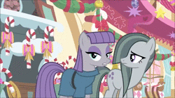 Size: 1280x720 | Tagged: safe, screencap, marble pie, maud pie, earth pony, pony, g4, my little pony best gift ever, animated, cane, cute, female, giggling, laughing, mare, maud being maud, present, rock, rock-in-the-box, sound, webm
