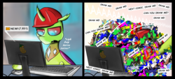 Size: 2000x905 | Tagged: safe, artist:chopsticks, oc, oc only, oc:berzie, changedling, changeling, pony, changedling oc, changeling oc, comic, computer, computer mouse, computer screen, descriptive noise, dialogue, funny, hard hat, horse noises, male, text, tiny, tiny ponies