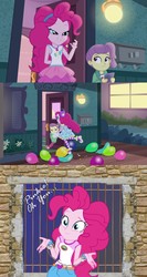 Size: 960x1808 | Tagged: safe, edit, screencap, lily pad (g4), pinkie pie, equestria girls, g4, my little pony equestria girls: better together, my little pony equestria girls: legend of everfree, pinkie sitting, camp everfree outfits, clothes, converse, cuffs, dress, geode of sugar bombs, handcuffed, house, jail, magical geodes, shoes