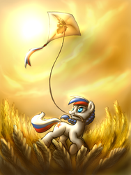 Size: 900x1200 | Tagged: safe, artist:cyrilunicorn, oc, oc only, oc:marussia, earth pony, pony, female, field, food, kite, kite flying, mare, mouth hold, nation ponies, running, russia, solo, wheat