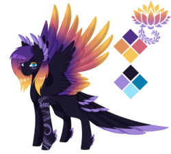 Size: 943x848 | Tagged: safe, artist:minelvi, oc, oc only, oc:blooming lotus, pegasus, pony, color palette, colored wings, female, gradient mane, gradient wings, mare, reference sheet, simple background, solo, spread wings, tail feathers, transparent background, wings