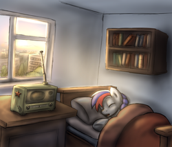 Size: 1400x1200 | Tagged: safe, artist:cyrilunicorn, oc, oc only, oc:marussia, earth pony, pony, bed, book, bookshelf, female, mare, nation ponies, radio, russia, sleeping, solo, soviet union, window