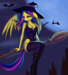 Size: 1800x1969 | Tagged: safe, artist:derpifecalus, oc, oc only, bat, pegasus, anthro, plantigrade anthro, breasts, broom, clothes, female, flying, flying broomstick, full moon, hat, moon, shoes, socks, solo, tail, wings, witch, witch hat, ych result