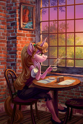 Size: 1181x1771 | Tagged: safe, artist:holivi, oc, oc only, unicorn, anthro, g4, anthro oc, chair, clothes, coffee, coffee cup, commission, cottagecore, cup, drink, female, indoors, looking out the window, pants, shirt, shoes, signature, sitting, smiling, solo, table, tree, window
