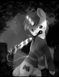 Size: 1000x1300 | Tagged: safe, artist:norychan, oc, oc only, oc:code sketch, pony, unicorn, battle damage, blood, clothes, commission, cut, cutie mark, hoodie, magic, male, monochrome, mouth hold, scratches, solo, stallion, sword, weapon, ych result