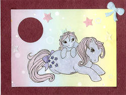 Size: 700x526 | Tagged: safe, artist:haawan, blue belle, pony, g1, baby, baby blue belle, baby pony, bow, duo, tail bow, traditional art