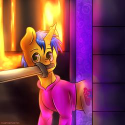 Size: 1200x1200 | Tagged: safe, artist:martenmartes, oc, oc only, oc:code sketch, pony, unicorn, commission, cutie mark, lava, male, mouth hold, nether (minecraft), nether portal, solo, stallion, sword, weapon, ych result