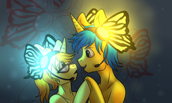 Size: 2000x1200 | Tagged: safe, artist:martenmartes, oc, oc only, oc:code sketch, oc:nenenyaa, butterfly, pony, unicorn, semi-anthro, arm hooves, butterfly wings, commission, duo, female, friendshipping, headphones, just friends, looking at each other, magnet (vocaloid), male, mare, not shipping, singing, song reference, stallion, vocaloid, ych result