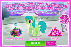 Size: 1038x688 | Tagged: safe, gameloft, green jewel, earth pony, pony, g4, advertisement, background pony, costs real money, female, gem, introduction card, mare, raised hoof, sale