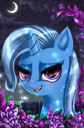 Size: 3360x5120 | Tagged: safe, artist:darksly, trixie, pony, unicorn, g4, crescent moon, female, flower, mare, moon, night, smiling, solo, stars