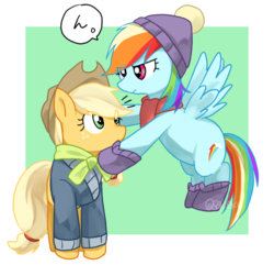 Size: 824x794 | Tagged: safe, artist:sa-eku, applejack, rainbow dash, earth pony, pegasus, pony, g4, my little pony best gift ever, abstract background, boots, clothes, coat, female, freckles, hat, lesbian, mare, scarf, ship:appledash, shipping, shoes, speech bubble, winter outfit