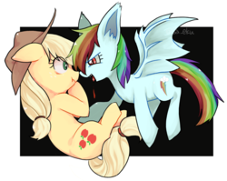Size: 1065x848 | Tagged: safe, artist:sa-eku, applejack, rainbow dash, bat pony, earth pony, pony, g4, abstract background, bat ponified, blood, boop, clothes, fangs, female, freckles, hat, lesbian, looking at each other, mare, noseboop, open mouth, race swap, rainbowbat, scrunchy face, ship:appledash, shipping, tongue out