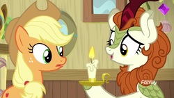 Size: 1920x1080 | Tagged: safe, screencap, applejack, autumn blaze, kirin, pony, g4, sounds of silence, candle, fire