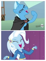 Size: 3106x4096 | Tagged: safe, screencap, trixie, pony, unicorn, equestria girls, g4, magic duel, my little pony equestria girls: rainbow rocks, alicorn amulet, comparison, evil laugh, female, solo