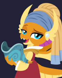 Size: 1119x1400 | Tagged: safe, artist:cloudy glow, part of a set, smolder, dragon, g4, blue background, claws, clothes, costume, dragoness, female, fine art parody, girl with a pearl earring, knuckerbocker's shell, lineless, looking at you, parody, raised eyebrow, shell, simple background, smiling, solo