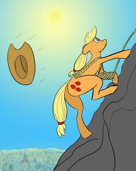 Size: 1329x1673 | Tagged: safe, artist:quarmaid, applejack, earth pony, pony, g4, applejack's hat, cowboy hat, female, green eyes, hat, mare, mountain, mountain climbing, remastered, rope, solo, wind, yellow hair