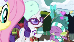 Size: 1280x720 | Tagged: safe, screencap, fluttershy, rainbow dash, rarity, spike, dragon, pony, best gift ever, g4, animated, clothes, female, male, scarf, shipping fuel, snow, sound, striped scarf, webm, winged spike, wings, winter outfit