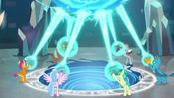 Size: 1280x720 | Tagged: safe, screencap, gallus, ocellus, sandbar, silverstream, smolder, yona, changedling, changeling, classical hippogriff, dragon, earth pony, griffon, hippogriff, pony, yak, g4, school raze, amulet, amulet of aurora, clover the clever's cloak, crown, crown of grover, dragoness, female, helm of yickslur, helmet, jewelry, knuckerbocker's shell, magic, magic circle, male, regalia, shell, student six, talisman of mirage, teenager, vortex