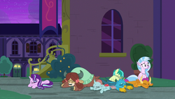 Size: 1280x720 | Tagged: safe, screencap, gallus, ocellus, sandbar, silverstream, smolder, starlight glimmer, yona, changedling, changeling, dragon, earth pony, griffon, hippogriff, pony, unicorn, yak, g4, school raze, bow, cloven hooves, dragoness, eyes closed, female, hair bow, male, mare, monkey swings, prone, student six, teenager