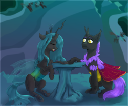 Size: 3000x2500 | Tagged: safe, artist:tigra0118, queen chrysalis, oc, oc:rhipheus, changeling, changeling queen, g4, canon x oc, changeling oc, commission, couple, female, fluffy changeling, high res