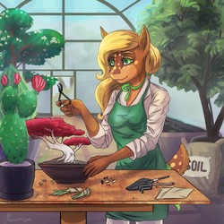 Size: 1280x1280 | Tagged: safe, artist:marcaneg, oc, oc only, oc:olive branch, deer pony, original species, anthro, anthro oc, apron, bonsai, cactus, clothes, commission, female, gardening, gift art, greenhouse, mare, solo, tree, trowel, ych result