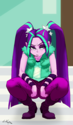 Size: 588x1004 | Tagged: safe, artist:paradoxbroken, color edit, colorist:ironhades, edit, aria blaze, equestria girls, g4, aria blaze is not amused, colored, cropped, crouching, female, sitting, solo, unamused
