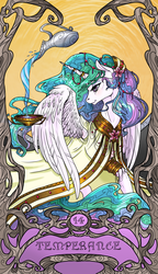 Size: 822x1425 | Tagged: safe, artist:sourcherry, princess celestia, alicorn, pony, g4, clothes, cup, female, gold, horn, horn ring, major arcana, mare, modern art, nouveau, solo, tarot, tarot card, temperance, water, wings