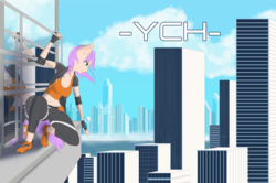 Size: 2400x1592 | Tagged: safe, artist:mintjuice, anthro, advertisement, city, cityscape, clothes, cloud, commission, female, mare, mirror's edge, parkour, runner, sitting, sky, skyscraper, solo, sporty style, water, window, ych example, your character here