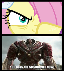 Size: 510x568 | Tagged: safe, edit, screencap, fluttershy, pegasus, pony, g4, my little pony best gift ever, angry, avengers: infinity war, badass, bruce banner, close-up, evil eye, female, flutterbadass, hair over one eye, hulkbuster, hulkbuster armor, iron hulk, mare, mark ruffalo, narrowed eyes, you are already dead, you dun goofed, you guys are so screwed now