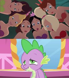Size: 841x949 | Tagged: safe, artist:conthauberger, edit, edited screencap, screencap, spike, dragon, mermaid, friendship is magic, g4, season 1, adella, alana, andrina, aquata, arista (the little mermaid), attina, baby, baby dragon, crossover, daughters of triton, female, green eyes, lidded eyes, male, open mouth, open smile, purple scales, purple skin, slit pupils, smiling, the little mermaid, wingless spike